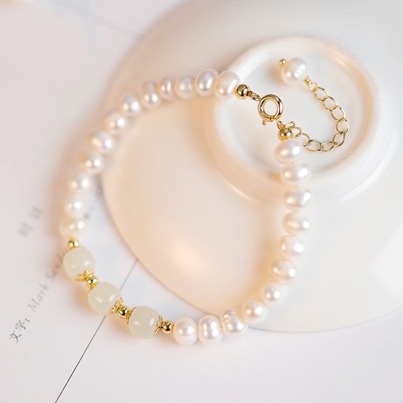 Chinese Style Natural Fresh Water Pearl & He tian Jade Bracelet – Dainty Gift for Women, Girls Handmade Friendship Jewelry