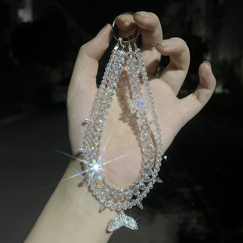Designer Mermaid Crystal Phone Charm – Elegant Beaded Chain with Zircon Pendant for Wrist or Bag or Camera Accessory