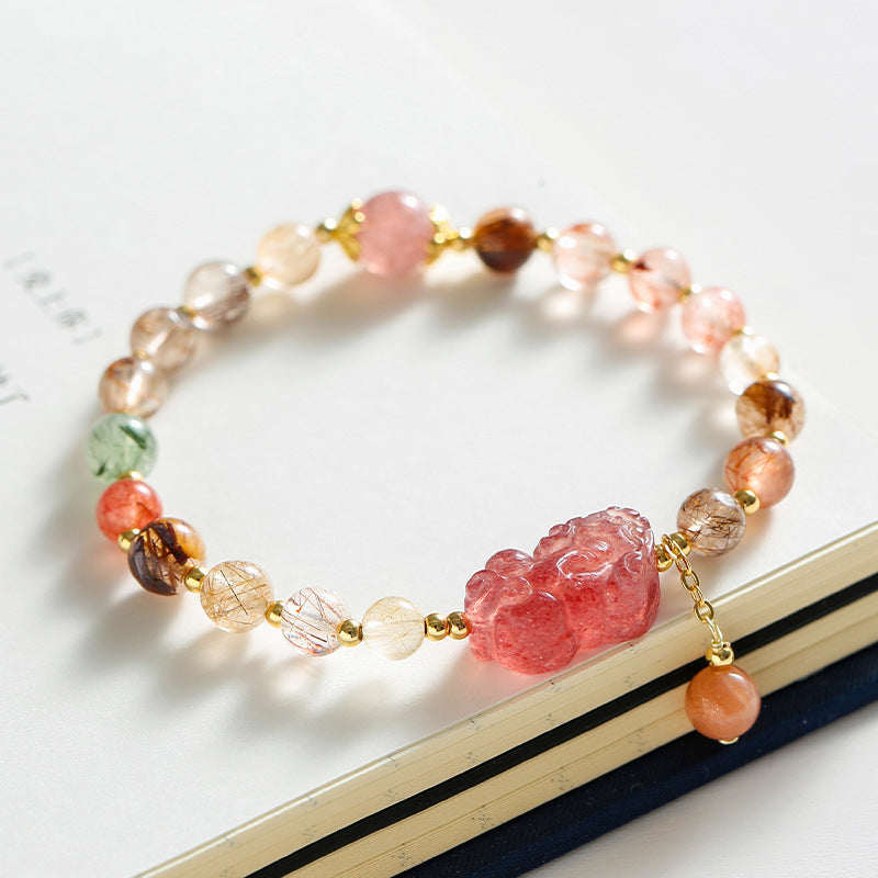 Strawberry Quartz Pixiu Bracelet for Women – INS Style Lucky Crystal Wealth Charm Bracelet, Friendship Gift, Trending Jewelry