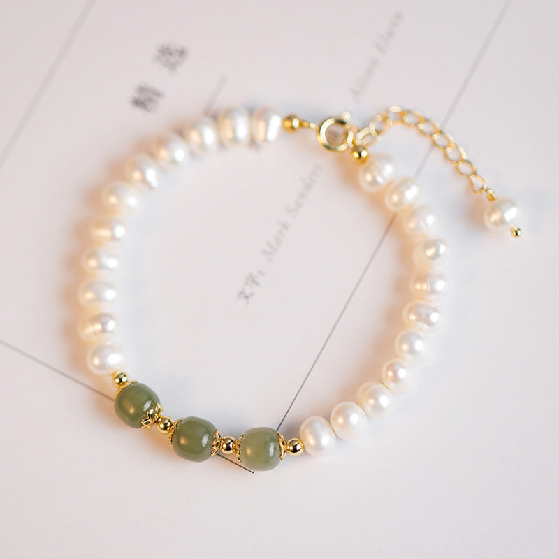 Chinese Style Natural Fresh Water Pearl & He tian Jade Bracelet – Dainty Gift for Women, Girls Handmade Friendship Jewelry