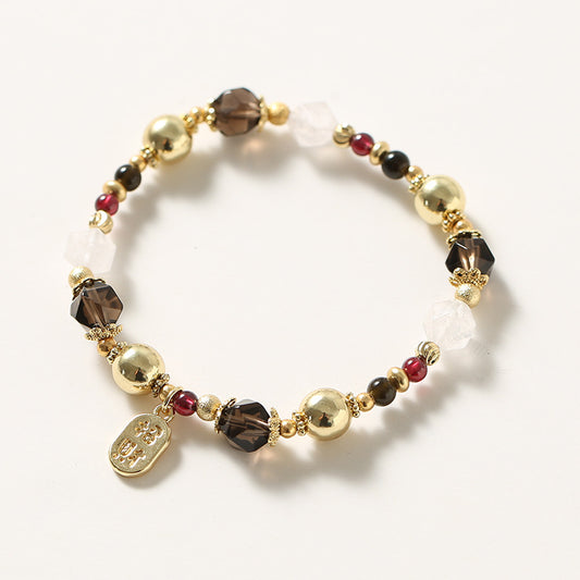 8mm tea crystal bracelet for girls ins wind lucky Nafu beaded bracelet 8mm white crystal copper plated 14K real gold