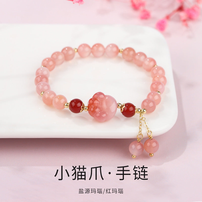 Natural Rutilated Quartz & Strawberry Crystal Tassel Bracelet – Cute Cat Paw Charm Handmade Jewelry for Women/Lady/Girls