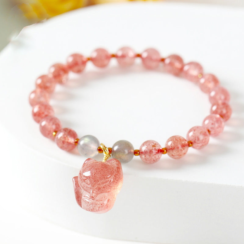 Natural Rutilated Quartz & Strawberry Crystal Tassel Bracelet – Cute Cat Paw Charm Handmade Jewelry for Women/Lady/Girls