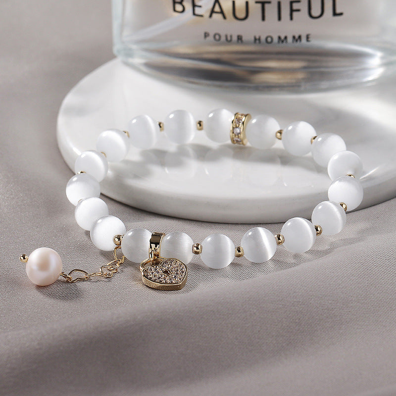 Crystal Tassel Bracelet for Women – Cat's Eye Gemstone, Pearl & Heart Lock Charm | Korean Fresh Style Jewelry