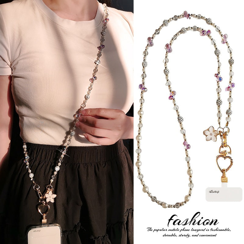 Hands Free Long Crossbody Pearl & Crystal Phone Strap – Summer Outdoor Travel Lanyard Long Phone Straps for Women