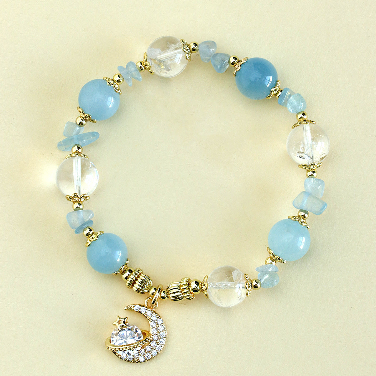 Fairy Tale Aquamarine & Blue Crystal Bracelet – Bridal Starry Sky Jewelry Gift for Women | White Quartz Snowflake-Inspired Beaded Chain