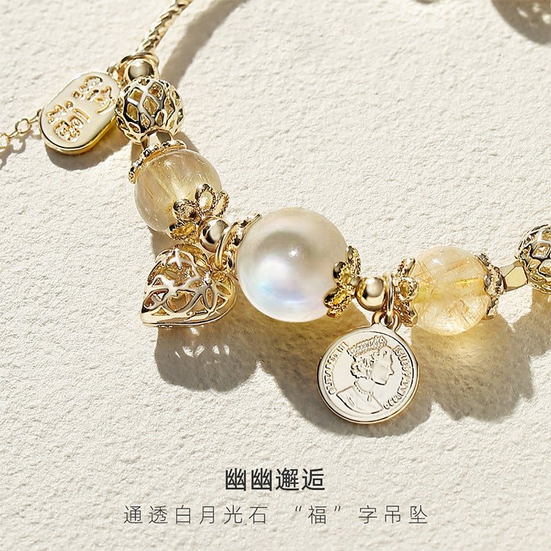 Romantic Moonstone Citrine White Quartz Heart Bracelet – Elegant Crystal Jewelry Present Gift for Women