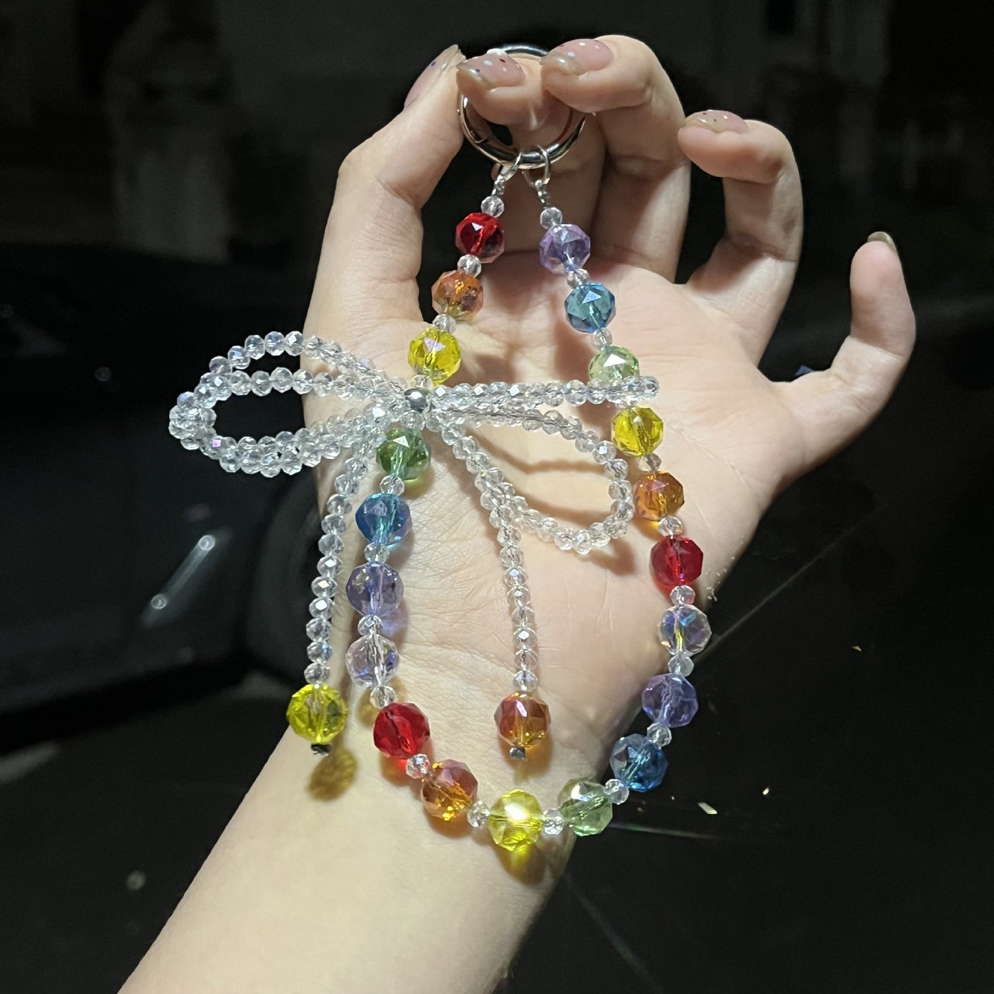 Luxury Rainbow Crystal Beaded Cellphone Short Wrist Strap – Designer Phone Hand Chain with Clip for Short Hand-Carry Use