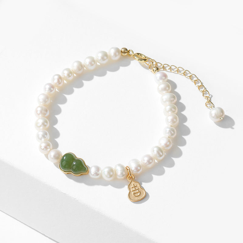 Natural Freshwater Pearl & Hetian Jade Gourd Bracelet – Gold-Plated Charm Jewelry for Women, Lucky Gift for Her