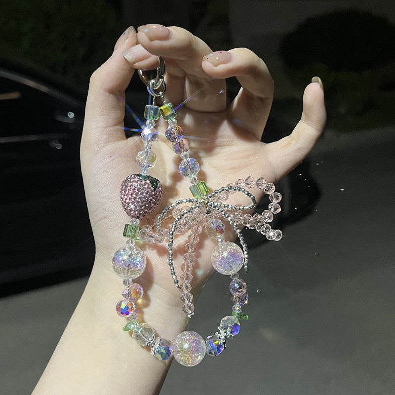Sparkling Crystal DIY Short Phone Strap with Strawberry – Bling Bling Beaded Hand Chain for Phone, Bag & Key Charm, Airpods, Earbuds