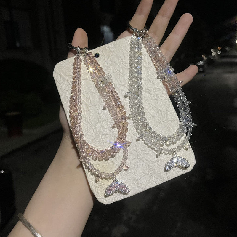 Designer Mermaid Crystal Phone Charm – Elegant Beaded Chain with Zircon Pendant for Wrist or Bag or Camera Accessory