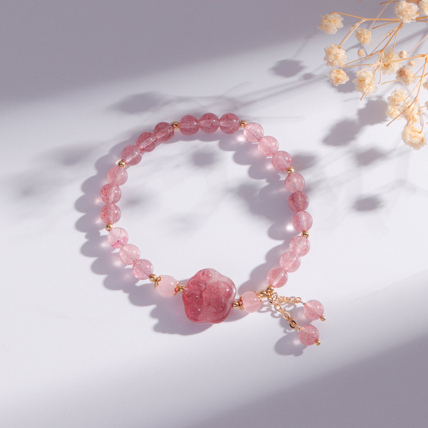 Natural Rutilated Quartz & Strawberry Crystal Tassel Bracelet – Cute Cat Paw Charm Handmade Jewelry for Women/Lady/Girls