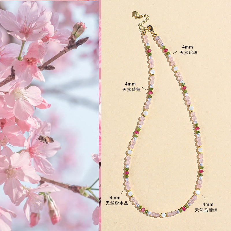 Natural Tourmaline, Morganite & Freshwater Pearl Jewelry Set – 3-Piece Crystal Beaded Ring, Bracelet & Necklace for Women Gift