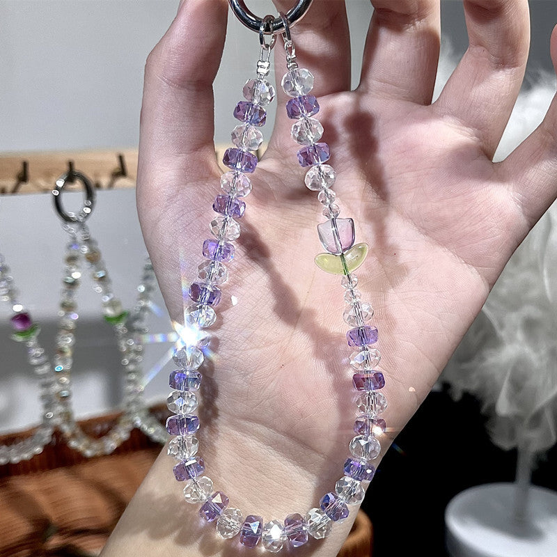 Flower Design Tulip Crystal Phone Charm – Original Beaded Phone Chain Accessory, Short Strap for Wrist or Bag, Wallet, Airpods