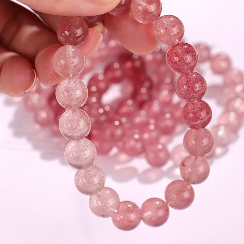 8mm/9mm/10mm Natural Gradient Strawberry Quartz Beaded Bracelet – Elegant Handmade Crystal Jewelry for Women Girls Gift Present