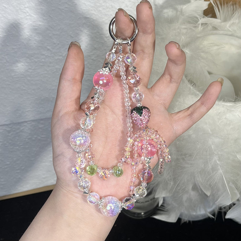 Sparkling Crystal DIY Short Phone Strap with Strawberry – Bling Bling Beaded Hand Chain for Phone, Bag & Key Charm, Airpods, Earbuds