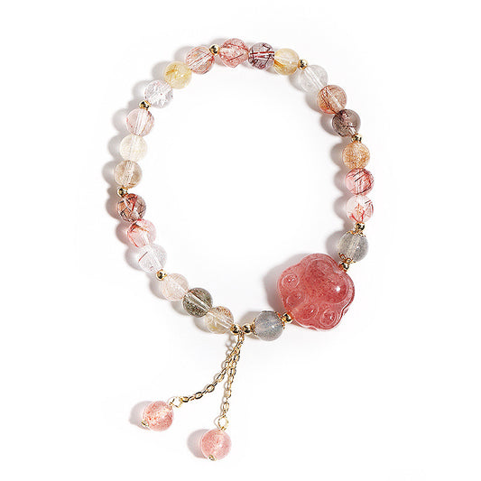 Natural Rutilated Quartz & Strawberry Crystal Tassel Bracelet – Cute Cat Paw Charm Handmade Jewelry for Women/Lady/Girls