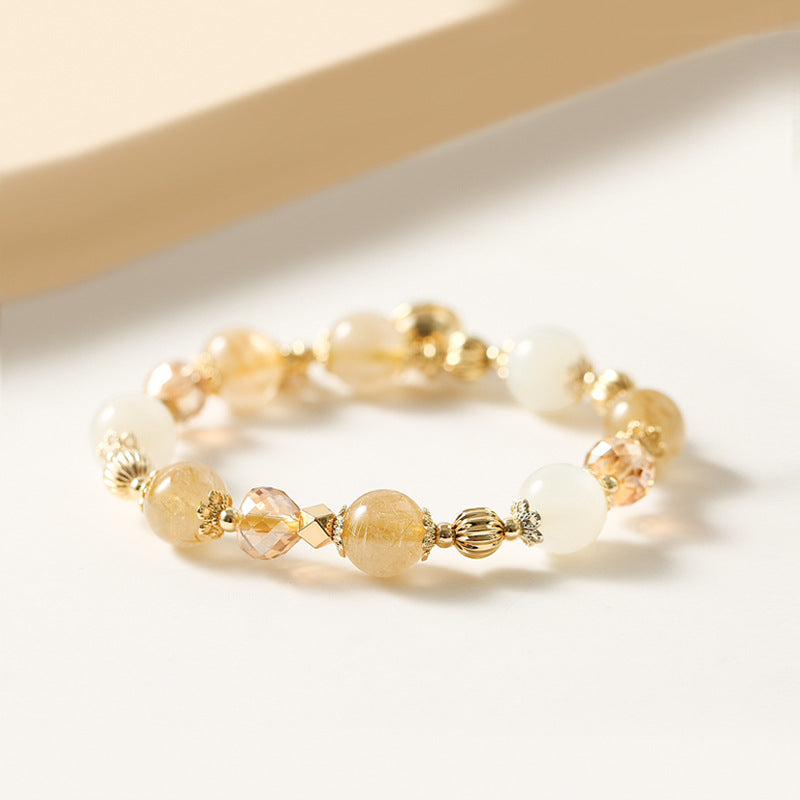 Golden Rutilated Quartz & Moonstone Charm Bracelet – 14K Gold-Plated Bell & Diamond Beads | Lucky Energy Crystal Jewelry for Women