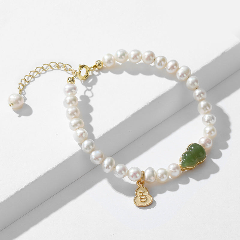 Natural Freshwater Pearl & Hetian Jade Gourd Bracelet – Gold-Plated Charm Jewelry for Women, Lucky Gift for Her