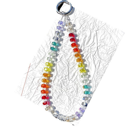 Luxury Rainbow Crystal Beaded Cellphone Short Wrist Strap – Designer Phone Hand Chain with Clip for Short Hand-Carry Use