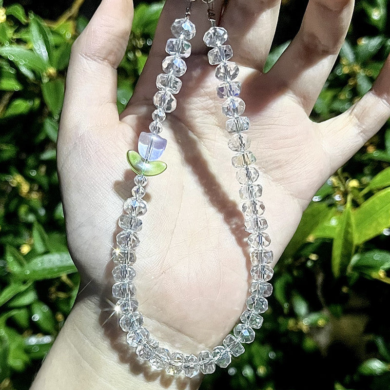 Flower Design Tulip Crystal Phone Charm – Original Beaded Phone Chain Accessory, Short Strap for Wrist or Bag, Wallet, Airpods
