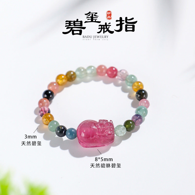 3mm Natural Tourmaline Pixiu Beaded Ring for Women – Adjustable Feng Shui Lucky Charm Ring | Dainty Crystal Jewelry