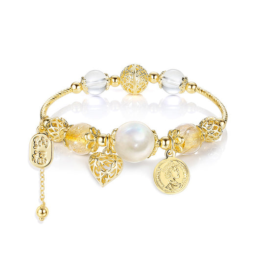 Romantic Moonstone Citrine White Quartz Heart Bracelet – Elegant Crystal Jewelry Present Gift for Women