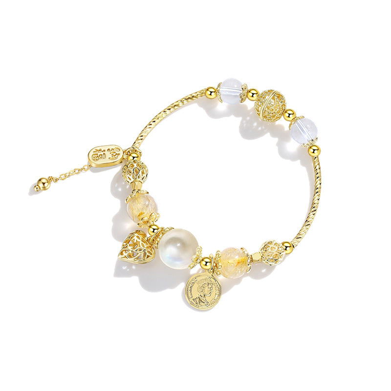 Romantic Moonstone Citrine White Quartz Heart Bracelet – Elegant Crystal Jewelry Present Gift for Women