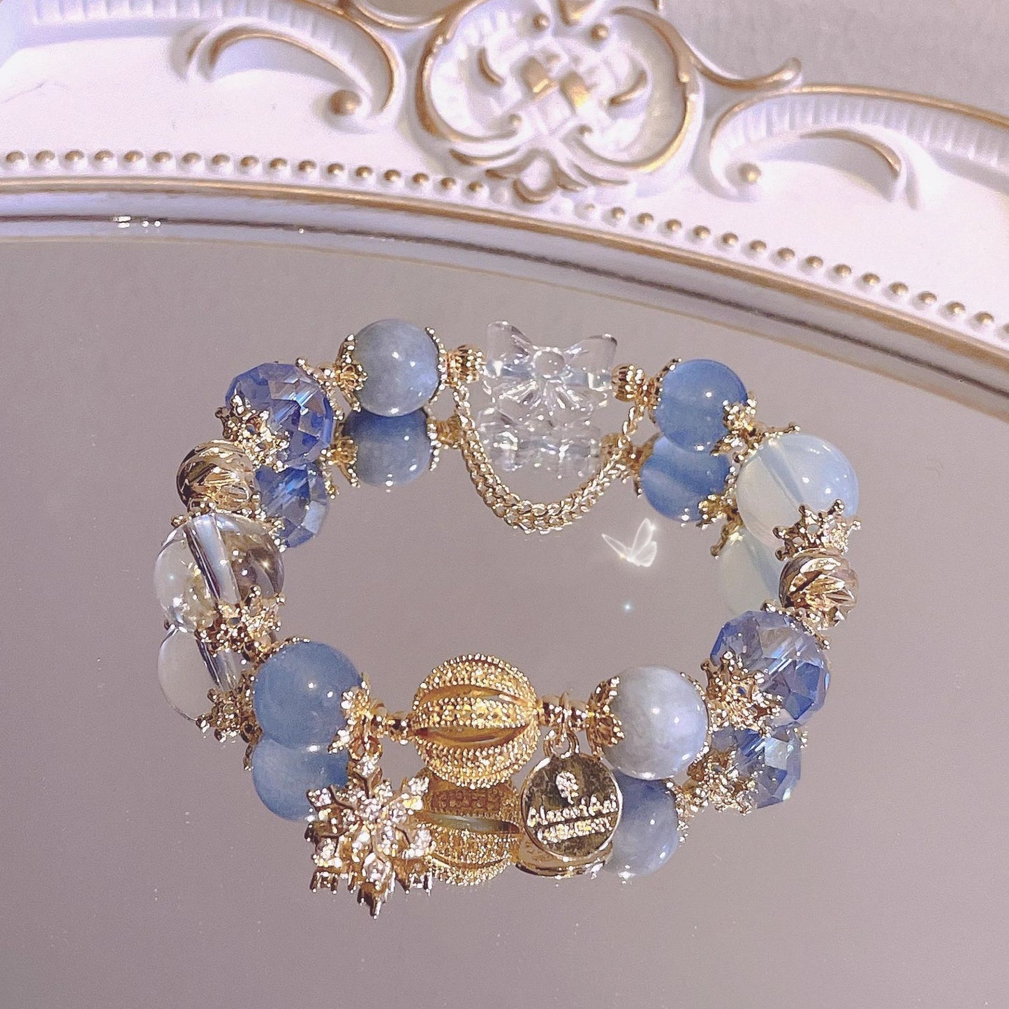 Fairy Tale Aquamarine & Blue Crystal Bracelet – Bridal Starry Sky Jewelry Gift for Women | White Quartz Snowflake-Inspired Beaded Chain