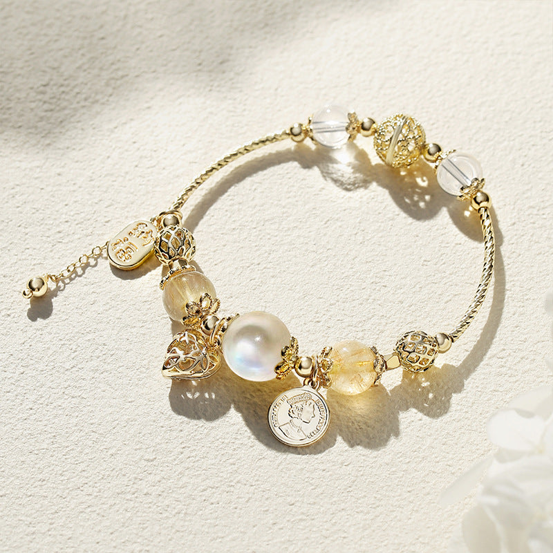Romantic Moonstone Citrine White Quartz Heart Bracelet – Elegant Crystal Jewelry Present Gift for Women