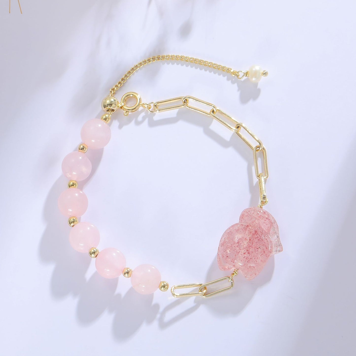 Pink Rose Quartz Fox Crystal Bracelet – Handmade Women’s Natural Gemstone Jewelry | Cute Minimalist INS-Inspired Lucky Charm for Love & Elegance