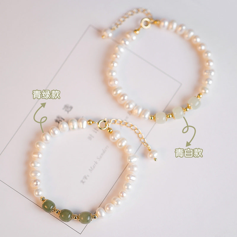 Chinese Style Natural Fresh Water Pearl & He tian Jade Bracelet – Dainty Gift for Women, Girls Handmade Friendship Jewelry