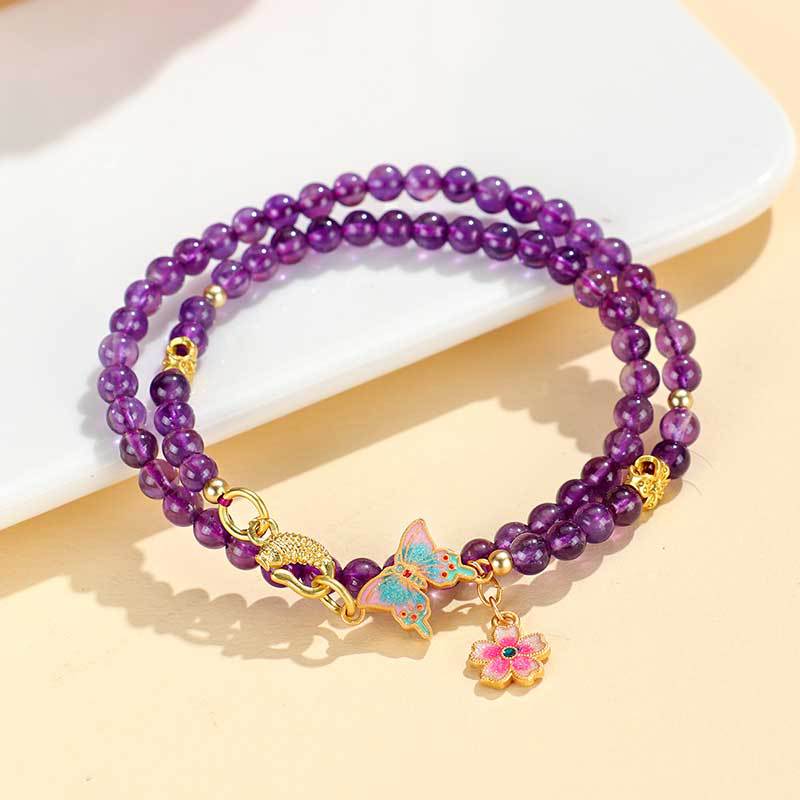 Amethyst Butterfly Beaded Double-Wrap Bracelet – Elegant Lucky Charm Floral Crystal Jewelry for Women Lady's Gift