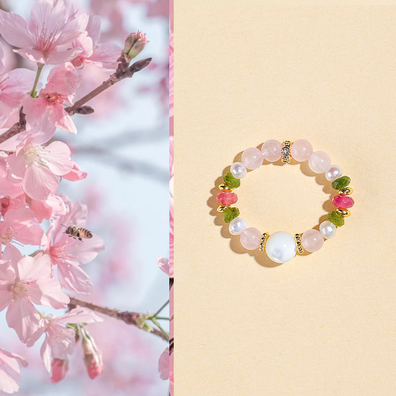 Natural Tourmaline, Morganite & Freshwater Pearl Jewelry Set – 3-Piece Crystal Beaded Ring, Bracelet & Necklace for Women Gift