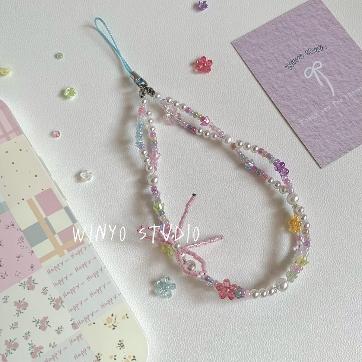 Pink Bow Beaded Phone Strap – INS Style Colorful Floral CCD Camera & Phone Case Charm Key chain