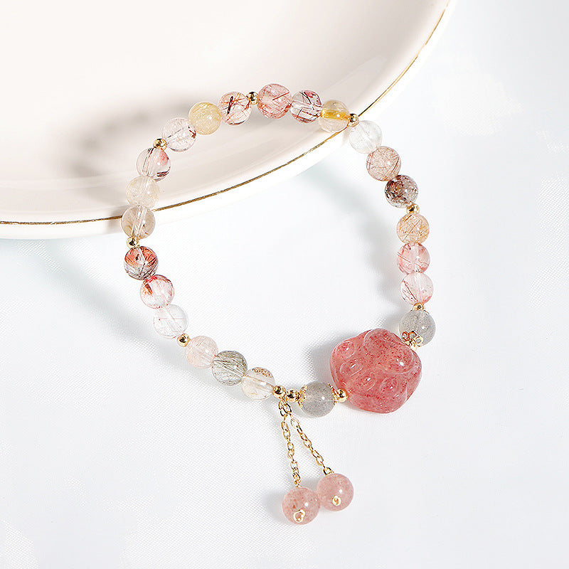 Natural Rutilated Quartz & Strawberry Crystal Tassel Bracelet – Cute Cat Paw Charm Handmade Jewelry for Women/Lady/Girls