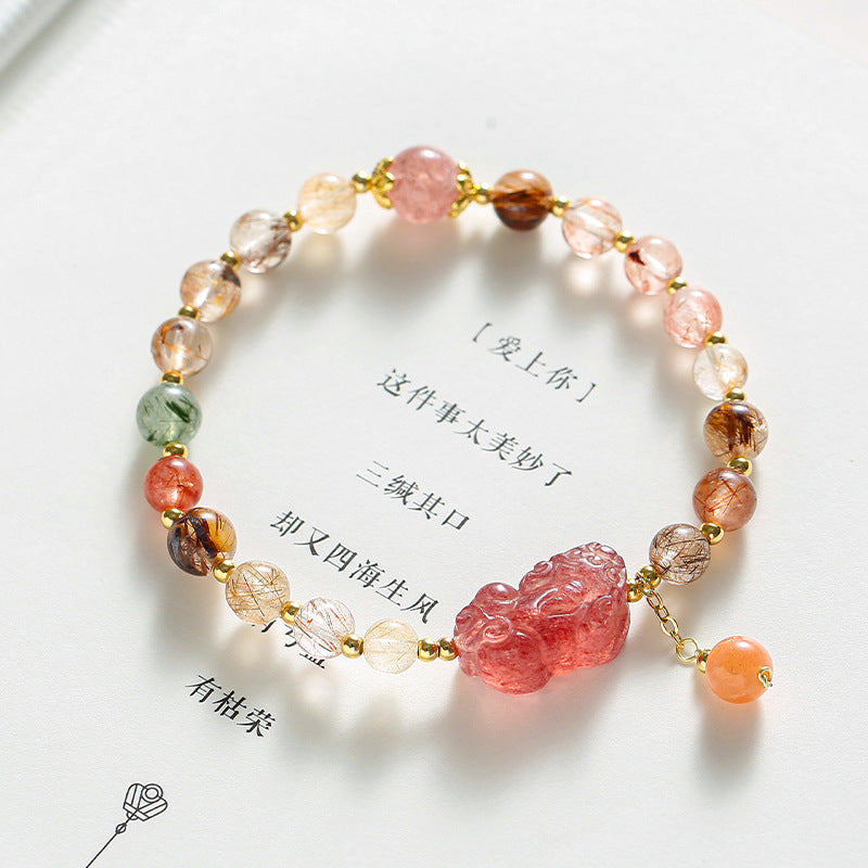 Strawberry Quartz Pixiu Bracelet for Women – INS Style Lucky Crystal Wealth Charm Bracelet, Friendship Gift, Trending Jewelry