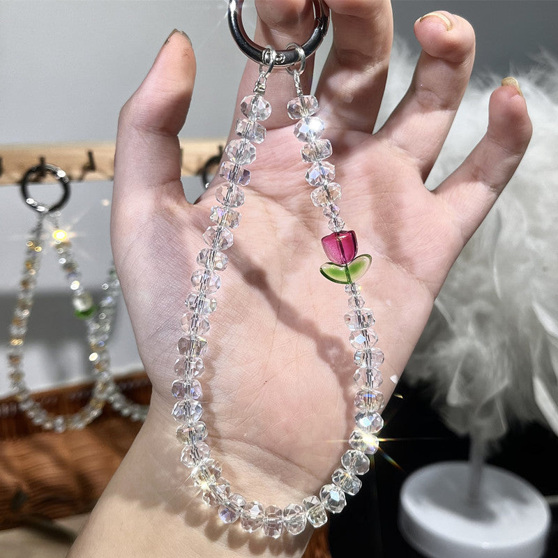 Flower Design Tulip Crystal Phone Charm – Original Beaded Phone Chain Accessory, Short Strap for Wrist or Bag, Wallet, Airpods