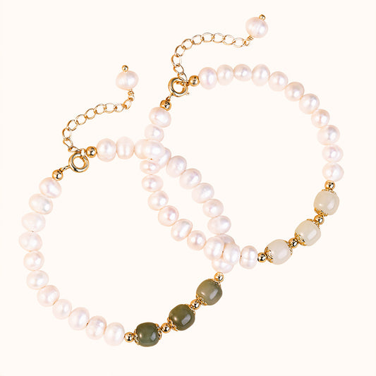 Chinese Style Natural Fresh Water Pearl & He tian Jade Bracelet – Dainty Gift for Women, Girls Handmade Friendship Jewelry