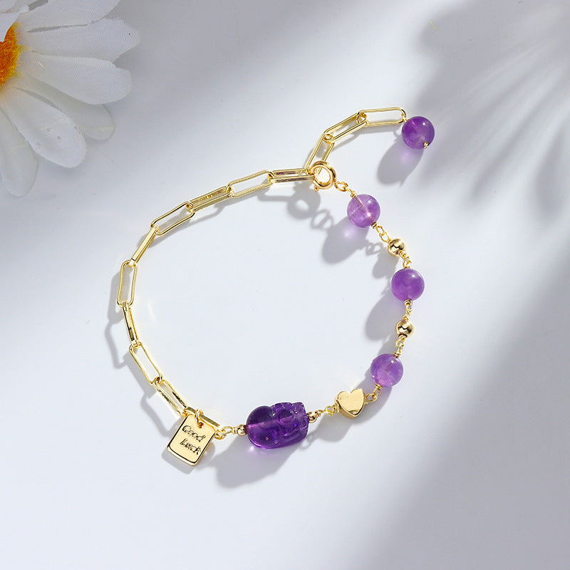 Natural Amethyst Pixiu Bracelet for Women – Handmade Crystal Beaded Bracelet | Lucky Wealth Protection Jewelry | Trendy INS-Inspired Gift