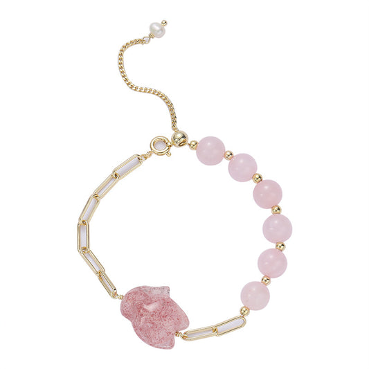 Pink Rose Quartz Fox Crystal Bracelet – Handmade Women’s Natural Gemstone Jewelry | Cute Minimalist INS-Inspired Lucky Charm for Love & Elegance