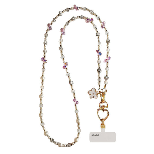 Hands Free Long Crossbody Pearl & Crystal Phone Strap – Summer Outdoor Travel Lanyard Long Phone Straps for Women