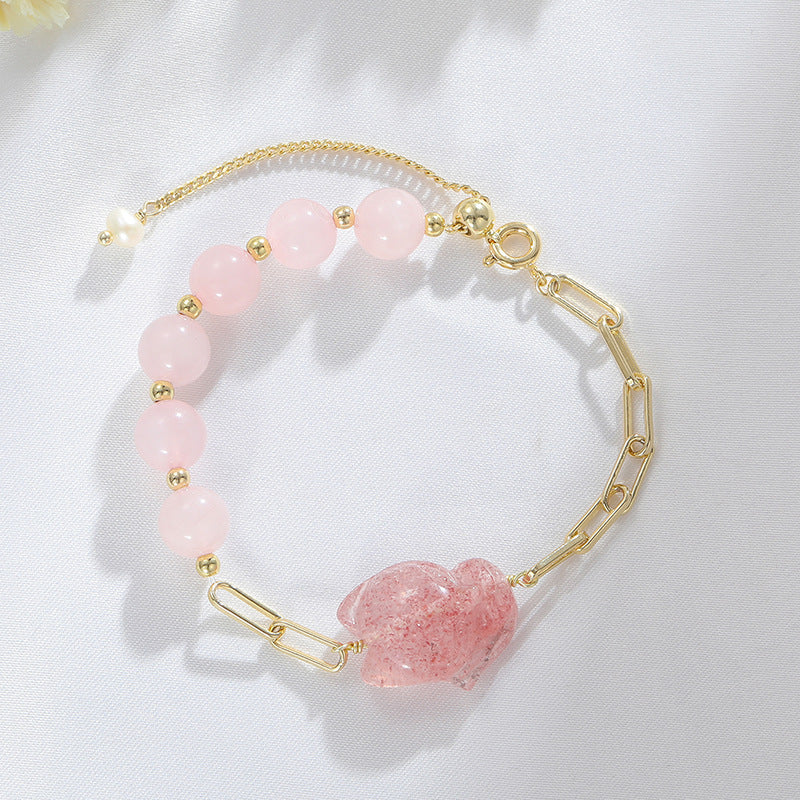 Pink Rose Quartz Fox Crystal Bracelet – Handmade Women’s Natural Gemstone Jewelry | Cute Minimalist INS-Inspired Lucky Charm for Love & Elegance