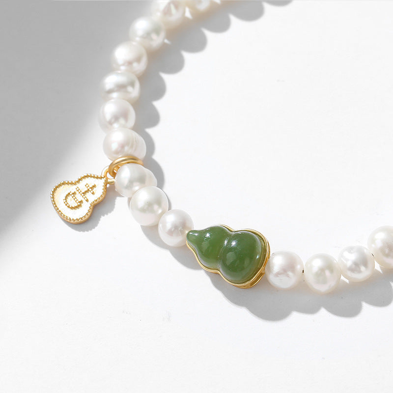 Natural Freshwater Pearl & Hetian Jade Gourd Bracelet – Gold-Plated Charm Jewelry for Women, Lucky Gift for Her