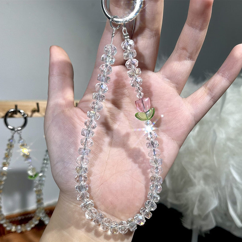 Flower Design Tulip Crystal Phone Charm – Original Beaded Phone Chain Accessory, Short Strap for Wrist or Bag, Wallet, Airpods