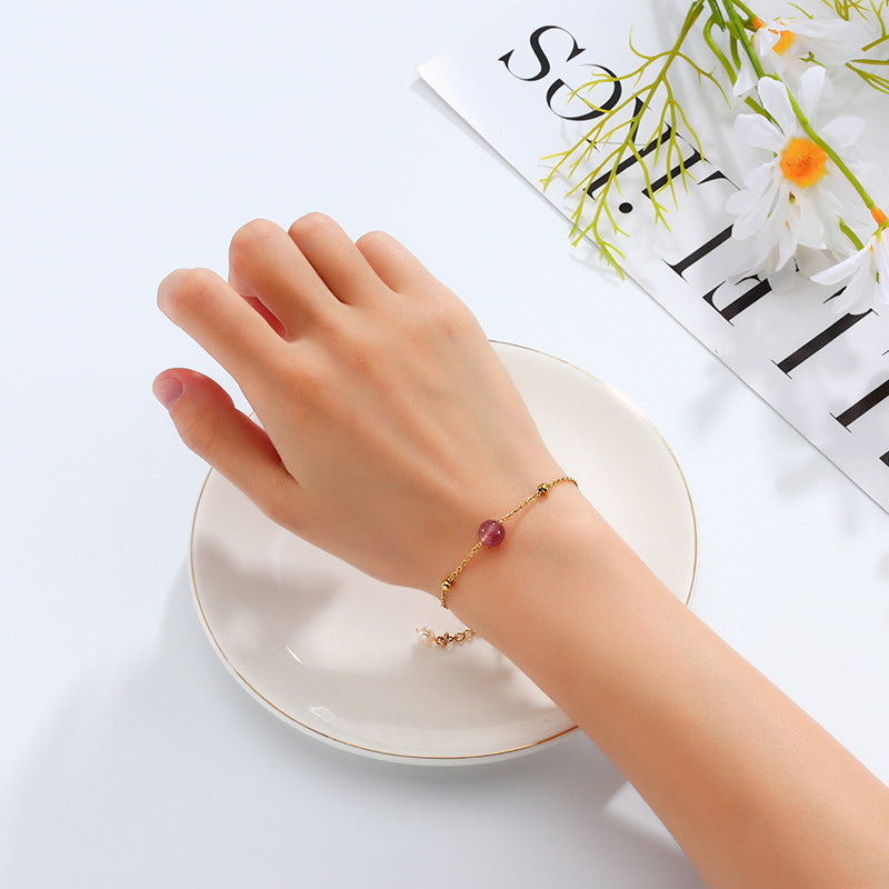 Strawberry Quartz & Rose Crystal Bracelet for Women – Gold-Plated Titanium Steel | Elegant Everyday Jewelry