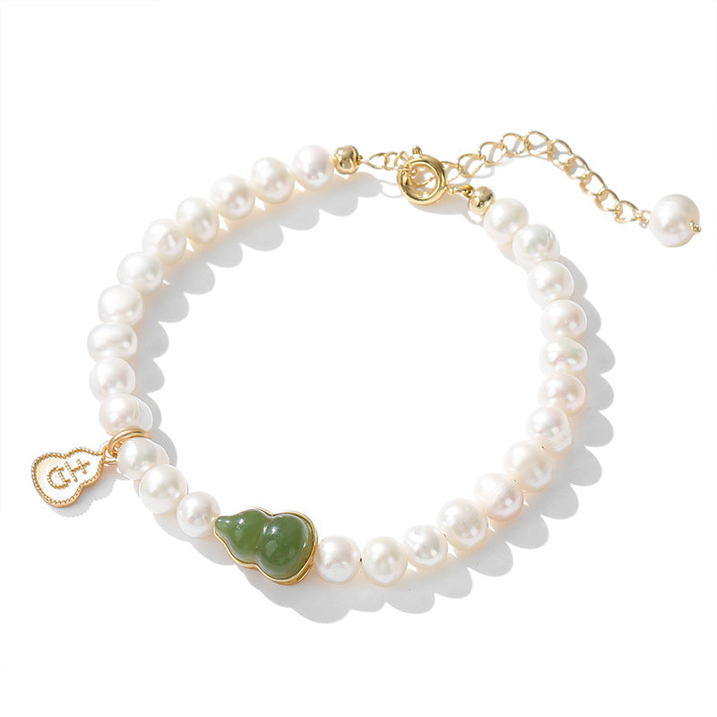 Natural Freshwater Pearl & Hetian Jade Gourd Bracelet – Gold-Plated Charm Jewelry for Women, Lucky Gift for Her
