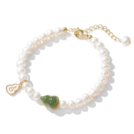 Natural Freshwater Pearl & Hetian Jade Gourd Bracelet – Gold-Plated Charm Jewelry for Women, Lucky Gift for Her