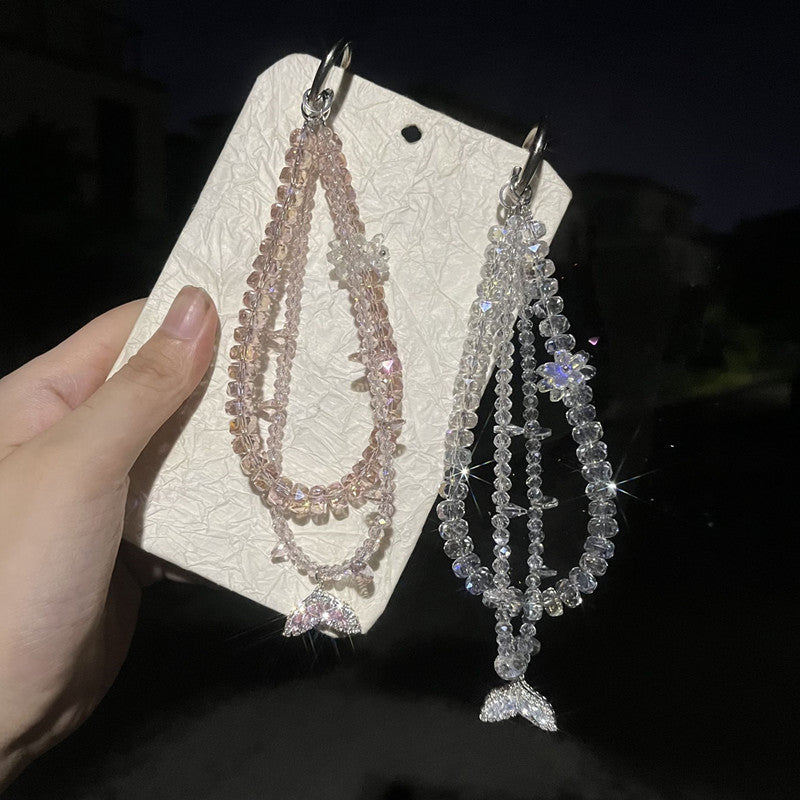 Designer Mermaid Crystal Phone Charm – Elegant Beaded Chain with Zircon Pendant for Wrist or Bag or Camera Accessory