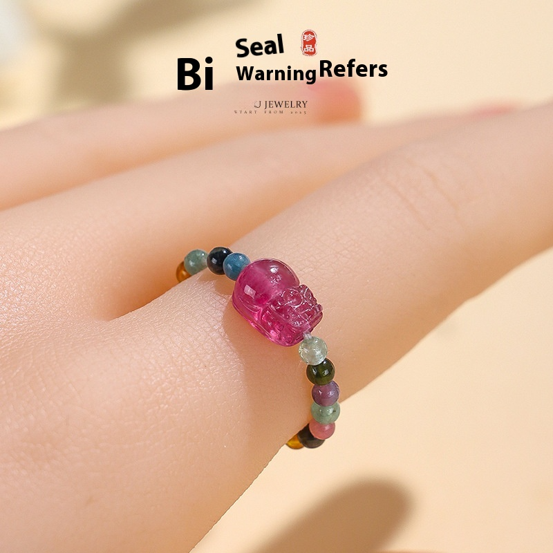 3mm Natural Tourmaline Pixiu Beaded Ring for Women – Adjustable Feng Shui Lucky Charm Ring | Dainty Crystal Jewelry